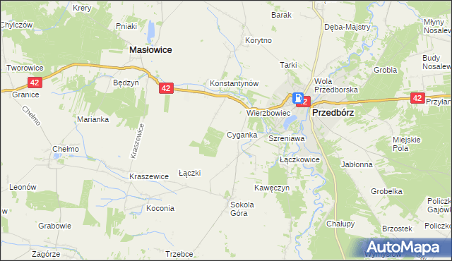 mapa Cyganka gmina Masłowice, Cyganka gmina Masłowice na mapie Targeo