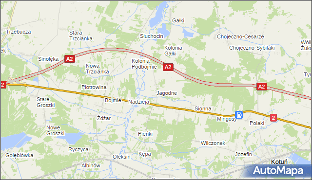 mapa Jagodne gmina Kotuń, Jagodne gmina Kotuń na mapie Targeo