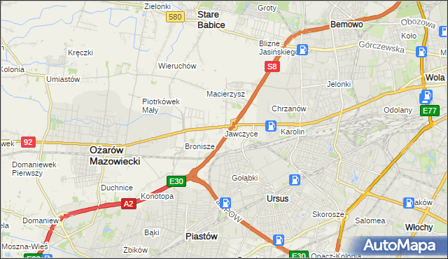 mapa Jawczyce gmina Ożarów Mazowiecki, Jawczyce gmina Ożarów Mazowiecki na mapie Targeo
