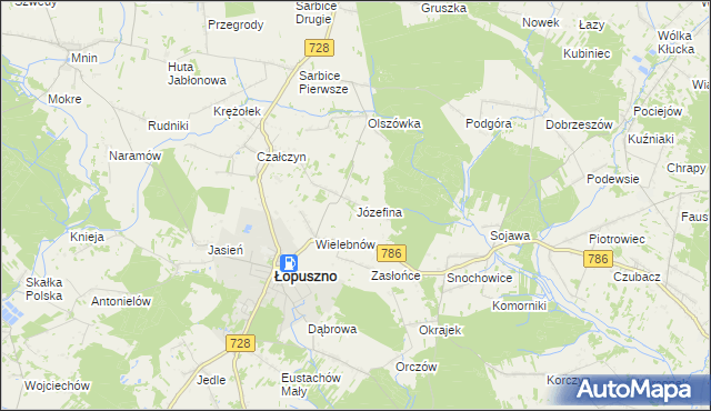 mapa Józefina gmina Łopuszno, Józefina gmina Łopuszno na mapie Targeo