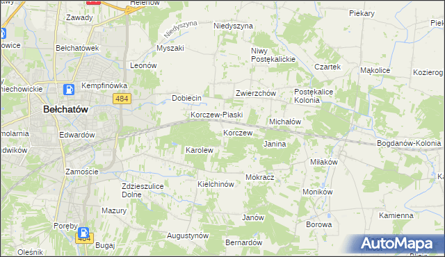 mapa Korczew gmina Bełchatów, Korczew gmina Bełchatów na mapie Targeo