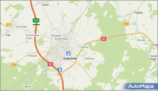 mapa Krężoły gmina Sulechów, Krężoły gmina Sulechów na mapie Targeo