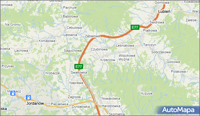 mapa Krzeczów gmina Lubień, Krzeczów gmina Lubień na mapie Targeo