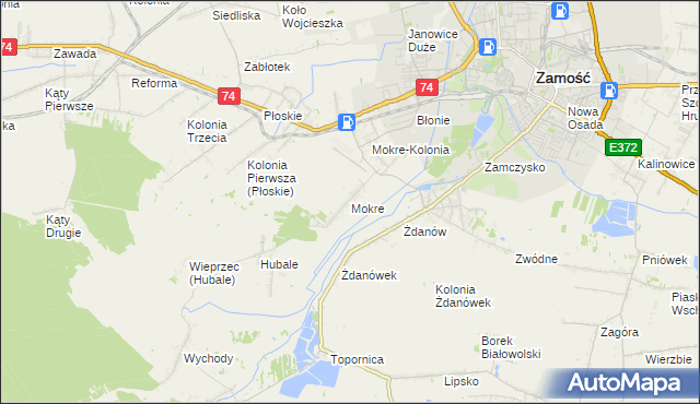 mapa Mokre gmina Zamość, Mokre gmina Zamość na mapie Targeo