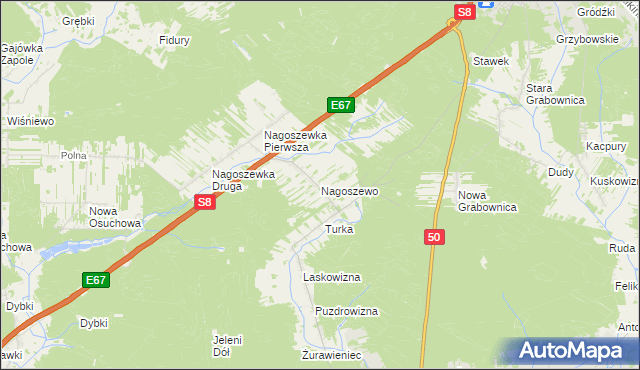 mapa Nagoszewo gmina Ostrów Mazowiecka, Nagoszewo gmina Ostrów Mazowiecka na mapie Targeo