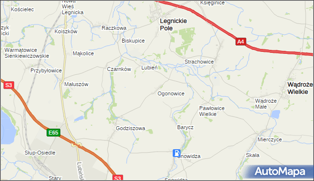 mapa Ogonowice gmina Legnickie Pole, Ogonowice gmina Legnickie Pole na mapie Targeo