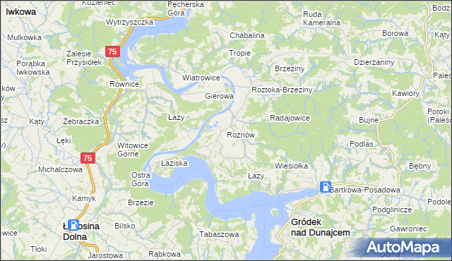 mapa Rożnów gmina Gródek nad Dunajcem, Rożnów gmina Gródek nad Dunajcem na mapie Targeo