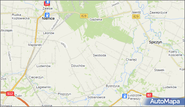 mapa Swoboda gmina Niemce, Swoboda gmina Niemce na mapie Targeo
