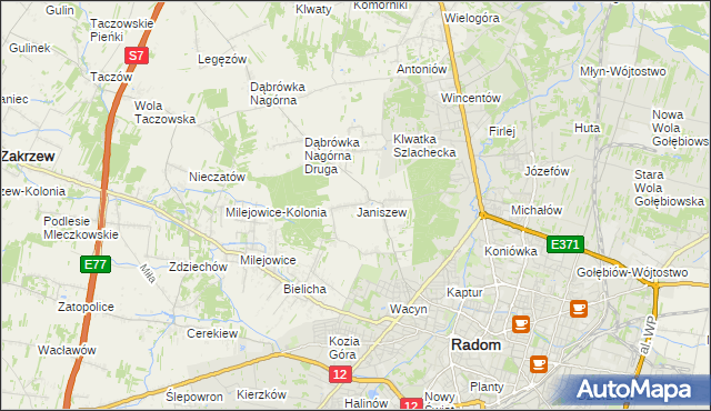 mapa Janiszew gmina Zakrzew, Janiszew gmina Zakrzew na mapie Targeo