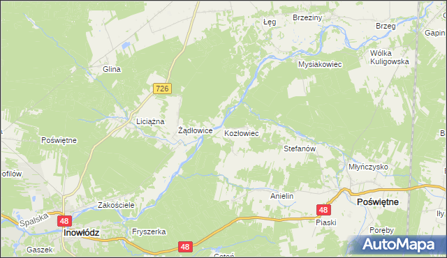 mapa Kozłowiec gmina Poświętne, Kozłowiec gmina Poświętne na mapie Targeo