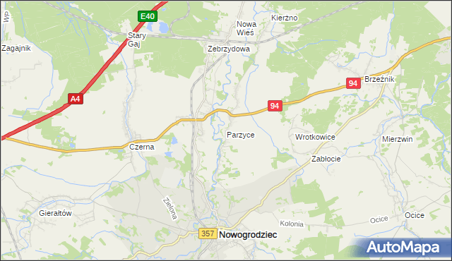 mapa Parzyce gmina Nowogrodziec, Parzyce gmina Nowogrodziec na mapie Targeo