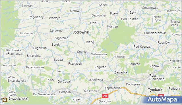 mapa Wilkowisko gmina Jodłownik, Wilkowisko gmina Jodłownik na mapie Targeo