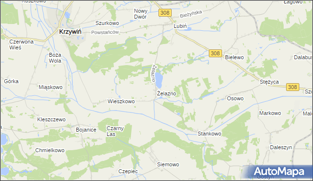 mapa Żelazno gmina Krzywiń, Żelazno gmina Krzywiń na mapie Targeo