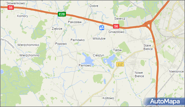 mapa Cieszyn gmina Biesiekierz, Cieszyn gmina Biesiekierz na mapie Targeo