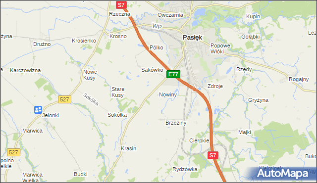 mapa Nowiny gmina Pasłęk, Nowiny gmina Pasłęk na mapie Targeo