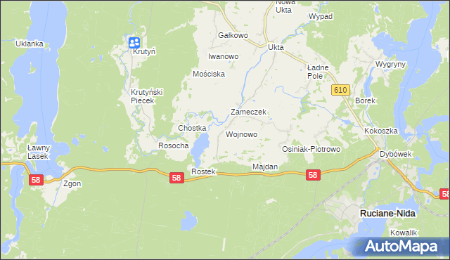 mapa Wojnowo gmina Ruciane-Nida, Wojnowo gmina Ruciane-Nida na mapie Targeo