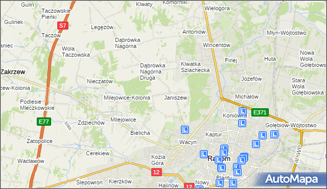 mapa Janiszew gmina Zakrzew, Janiszew gmina Zakrzew na mapie Targeo
