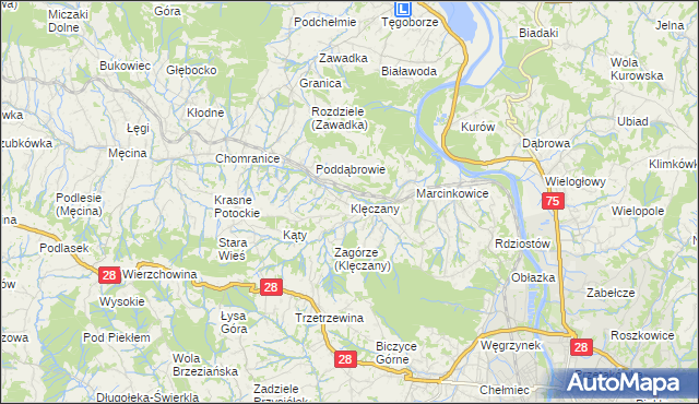 mapa Klęczany gmina Chełmiec, Klęczany gmina Chełmiec na mapie Targeo