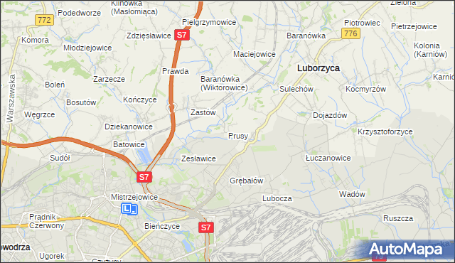 mapa Prusy gmina Kocmyrzów-Luborzyca, Prusy gmina Kocmyrzów-Luborzyca na mapie Targeo