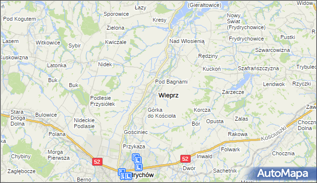mapa Wieprz powiat wadowicki, Wieprz powiat wadowicki na mapie Targeo