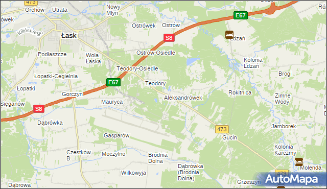 mapa Aleksandrówek gmina Łask, Aleksandrówek gmina Łask na mapie Targeo