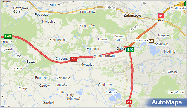 mapa Aleksandrowice gmina Zabierzów, Aleksandrowice gmina Zabierzów na mapie Targeo