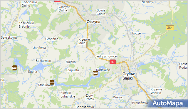 mapa Biedrzychowice gmina Olszyna, Biedrzychowice gmina Olszyna na mapie Targeo