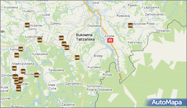 mapa Brzegi gmina Bukowina Tatrzańska, Brzegi gmina Bukowina Tatrzańska na mapie Targeo