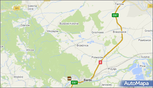 mapa Brzeźnica gmina Bardo, Brzeźnica gmina Bardo na mapie Targeo