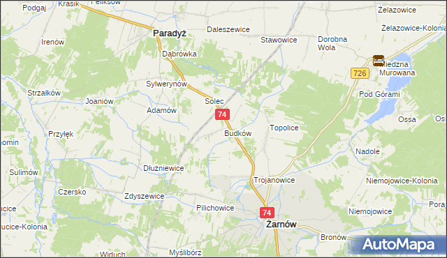 mapa Budków gmina Żarnów, Budków gmina Żarnów na mapie Targeo