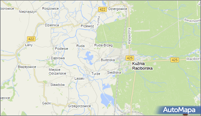mapa Budziska gmina Kuźnia Raciborska, Budziska gmina Kuźnia Raciborska na mapie Targeo