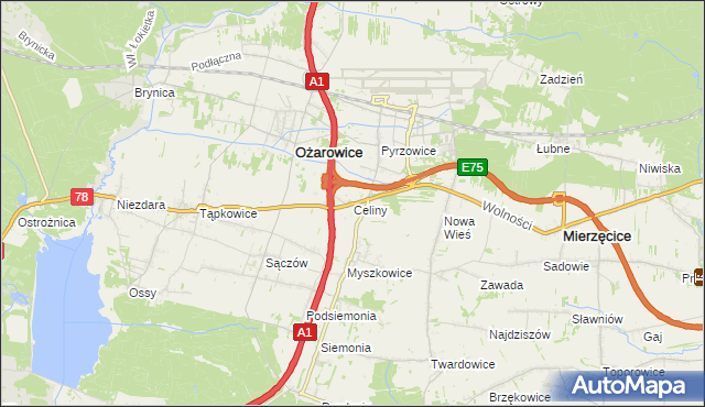 mapa Celiny gmina Ożarowice, Celiny gmina Ożarowice na mapie Targeo