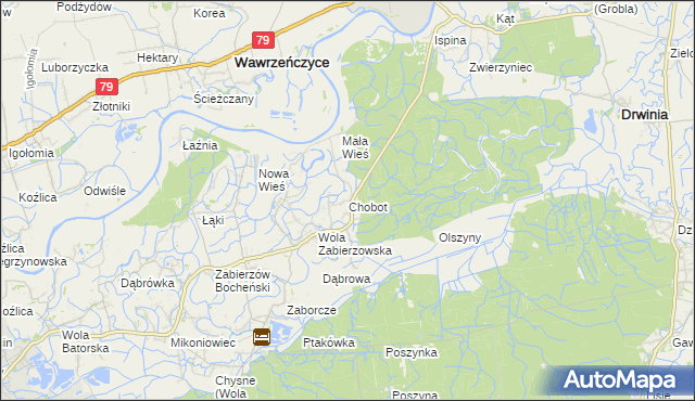 mapa Chobot gmina Niepołomice, Chobot gmina Niepołomice na mapie Targeo