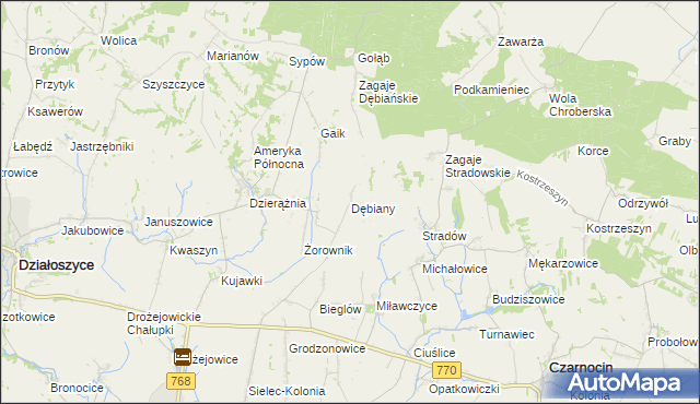 mapa Dębiany gmina Działoszyce, Dębiany gmina Działoszyce na mapie Targeo