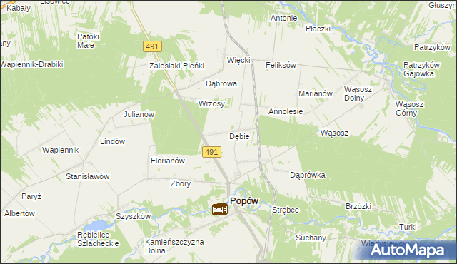 mapa Dębie gmina Popów, Dębie gmina Popów na mapie Targeo