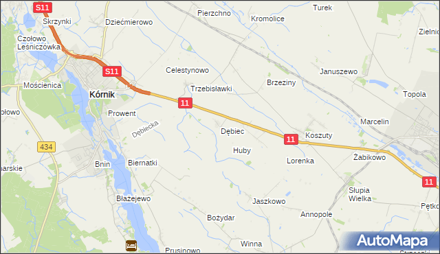 mapa Dębiec gmina Kórnik, Dębiec gmina Kórnik na mapie Targeo