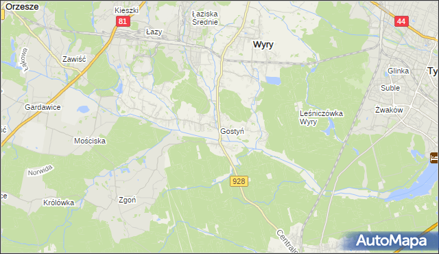 mapa Gostyń gmina Wyry, Gostyń gmina Wyry na mapie Targeo