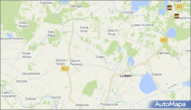 mapa Grądy gmina Ludwin, Grądy gmina Ludwin na mapie Targeo