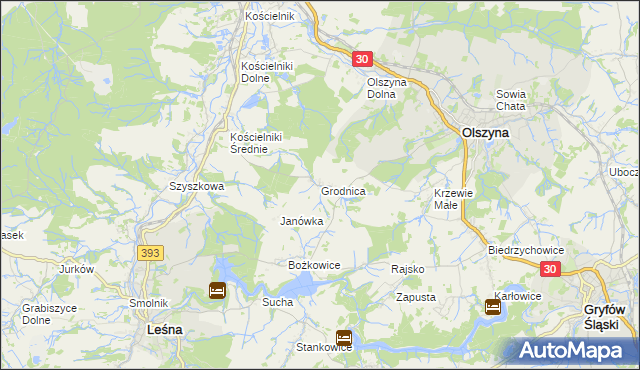 mapa Grodnica gmina Olszyna, Grodnica gmina Olszyna na mapie Targeo