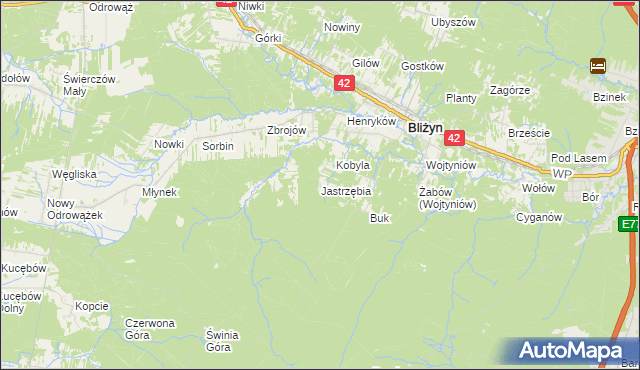 mapa Jastrzębia gmina Bliżyn, Jastrzębia gmina Bliżyn na mapie Targeo