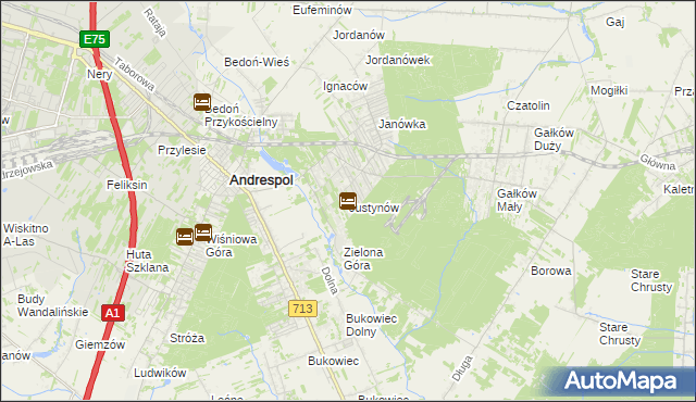 mapa Justynów gmina Andrespol, Justynów gmina Andrespol na mapie Targeo