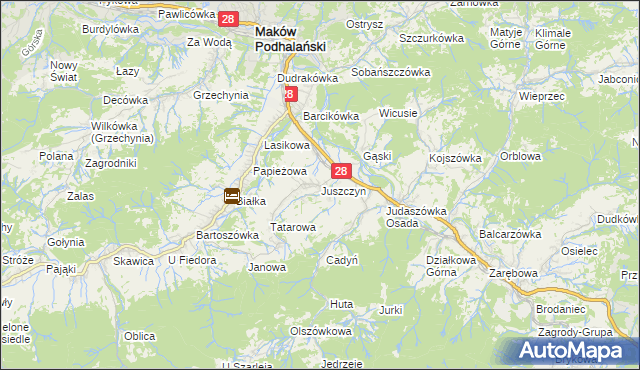 mapa Juszczyn gmina Maków Podhalański, Juszczyn gmina Maków Podhalański na mapie Targeo