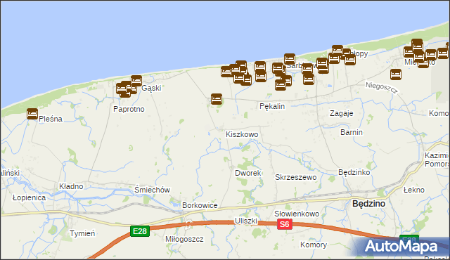 mapa Kiszkowo gmina Będzino, Kiszkowo gmina Będzino na mapie Targeo