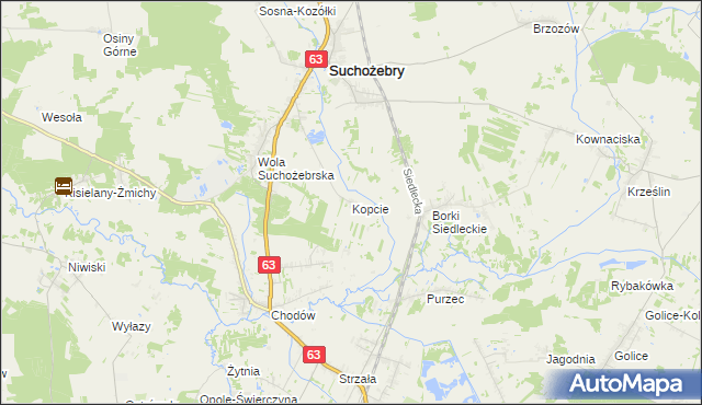 mapa Kopcie gmina Suchożebry, Kopcie gmina Suchożebry na mapie Targeo