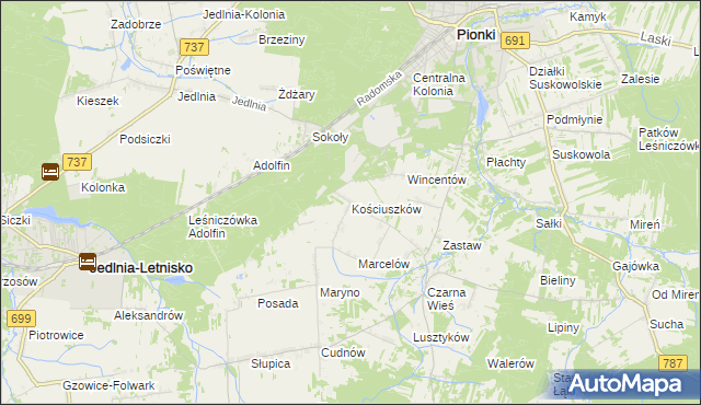 mapa Kościuszków gmina Pionki, Kościuszków gmina Pionki na mapie Targeo