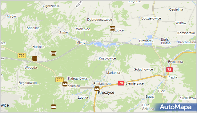 mapa Kostkowice gmina Kroczyce, Kostkowice gmina Kroczyce na mapie Targeo