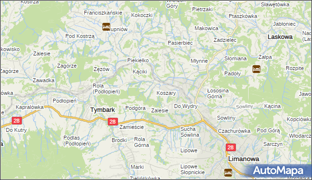 mapa Koszary gmina Limanowa, Koszary gmina Limanowa na mapie Targeo