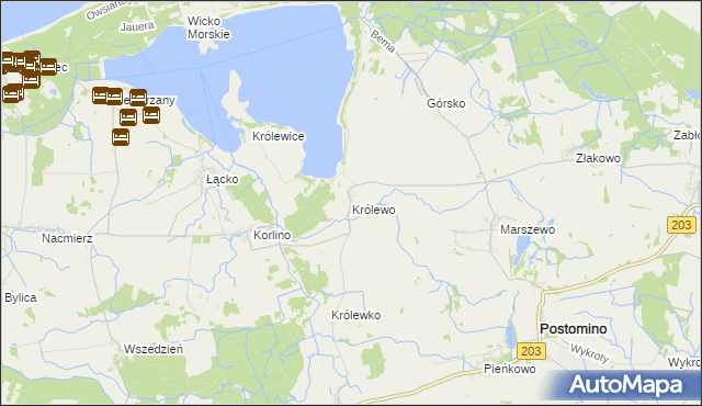 mapa Królewo gmina Postomino, Królewo gmina Postomino na mapie Targeo