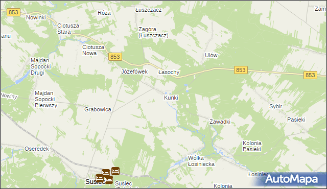 mapa Kunki gmina Susiec, Kunki gmina Susiec na mapie Targeo