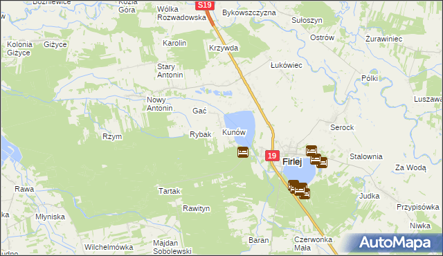 mapa Kunów gmina Firlej, Kunów gmina Firlej na mapie Targeo